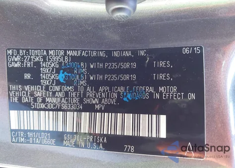 2015 Toyota Sienna Se 8 Passenger из США, поврежденный, VIN 5TDXK3DC7FS633034